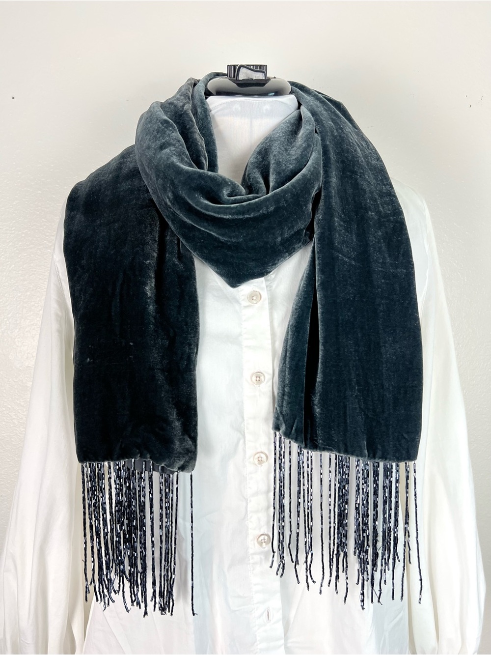 Lux Velvet Fringe Scarf in Dark Teal